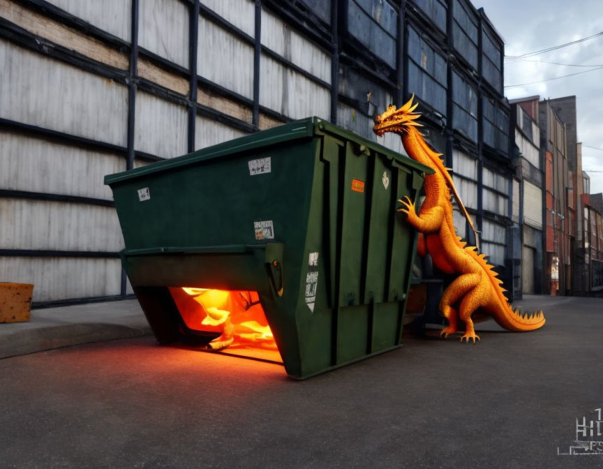 Digitally altered image: Orange dragon breathing fire in green dumpster