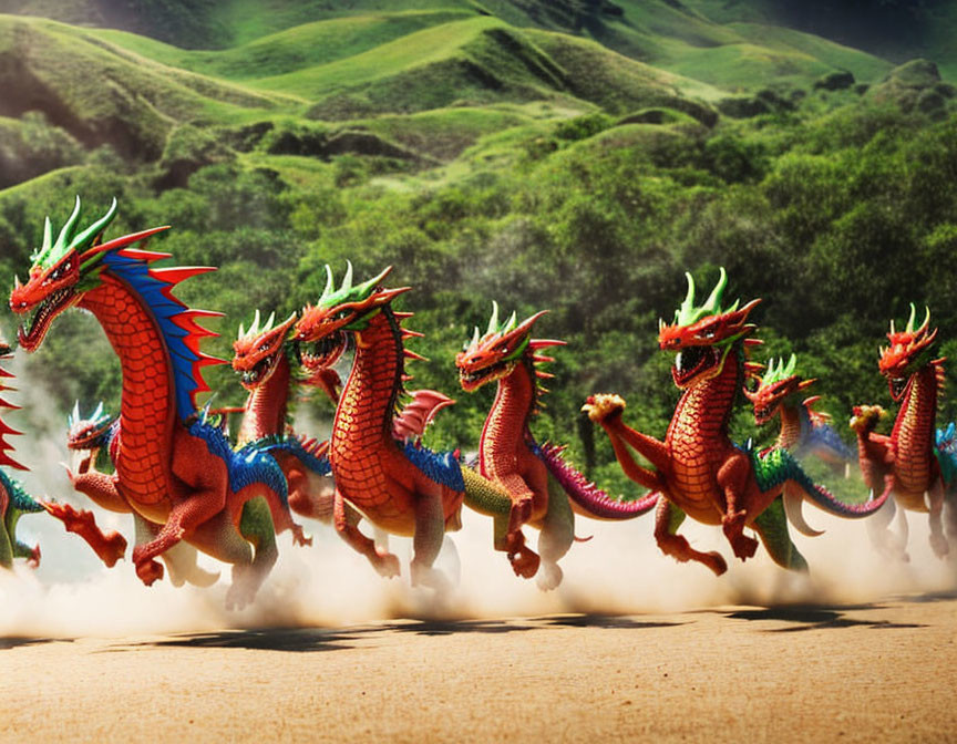 Red Dragons with Green Underbellies Racing Across Sandy Path