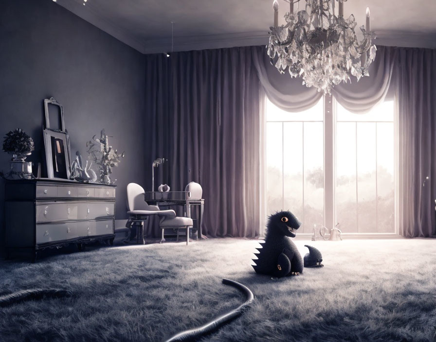 Luxurious room with chandelier, curtains, plush carpet, toy dragon, and glowing windows.