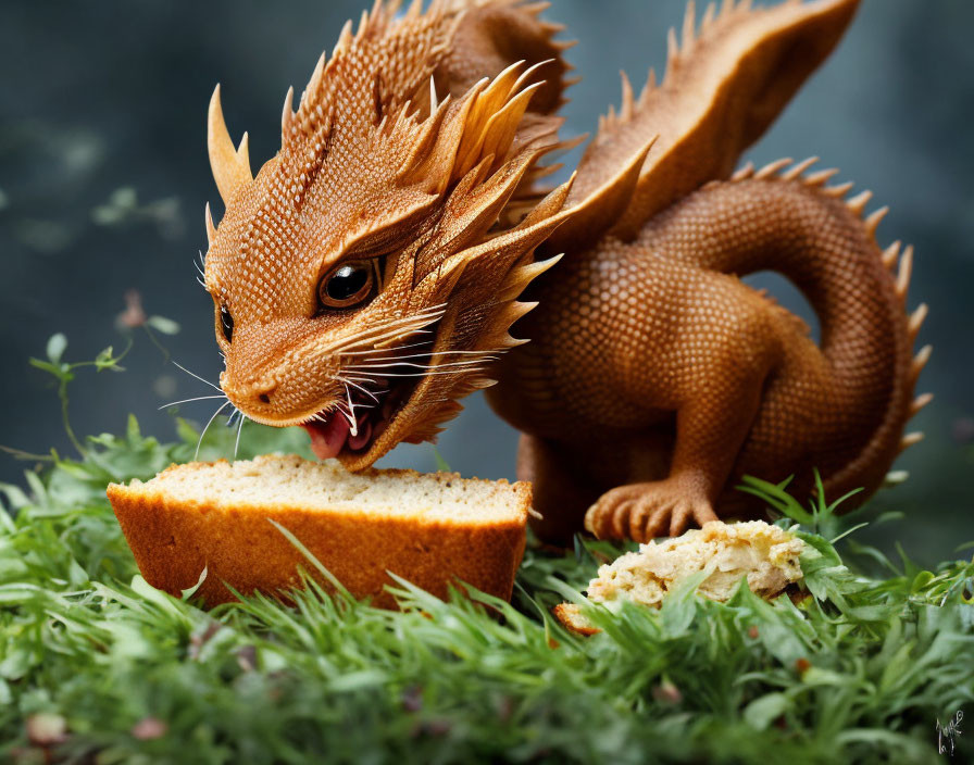 Detailed Illustration: Orange Dragon Biting Bread on Greenery