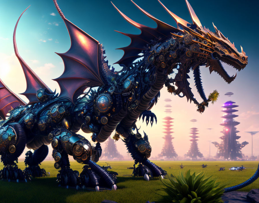 Mechanical dragon in fantastical landscape with alien-like flora