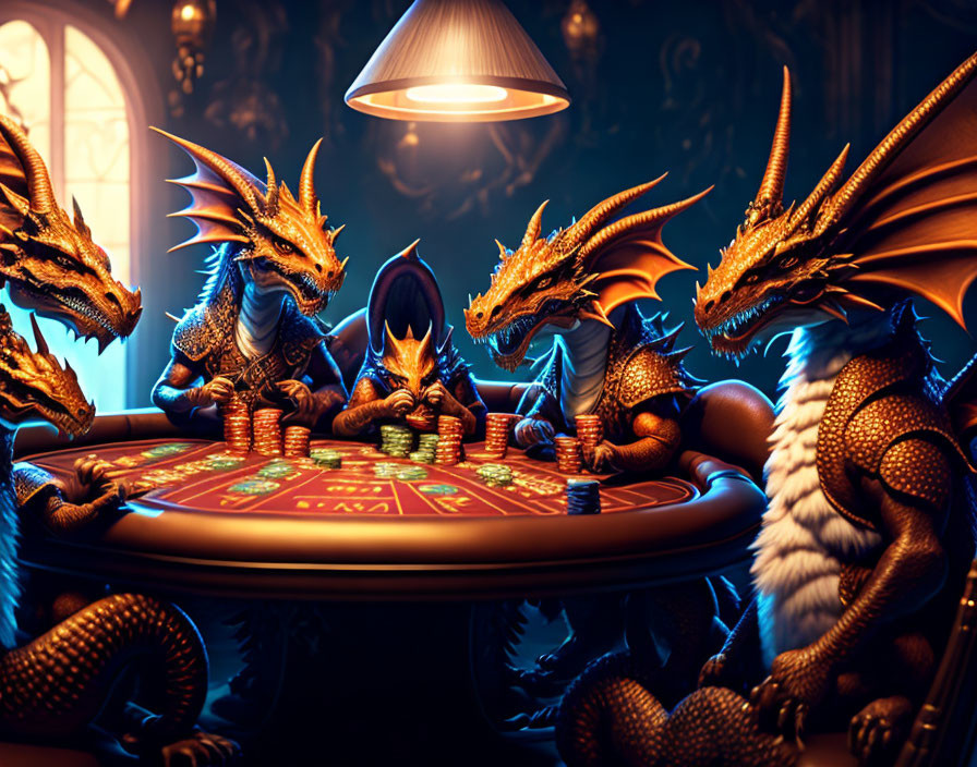 Four dragons play poker at circular table in dimly lit setting