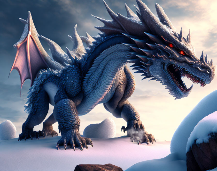 Blue Dragon with Red Eyes and Large Wings Amid Snow-Covered Rocks