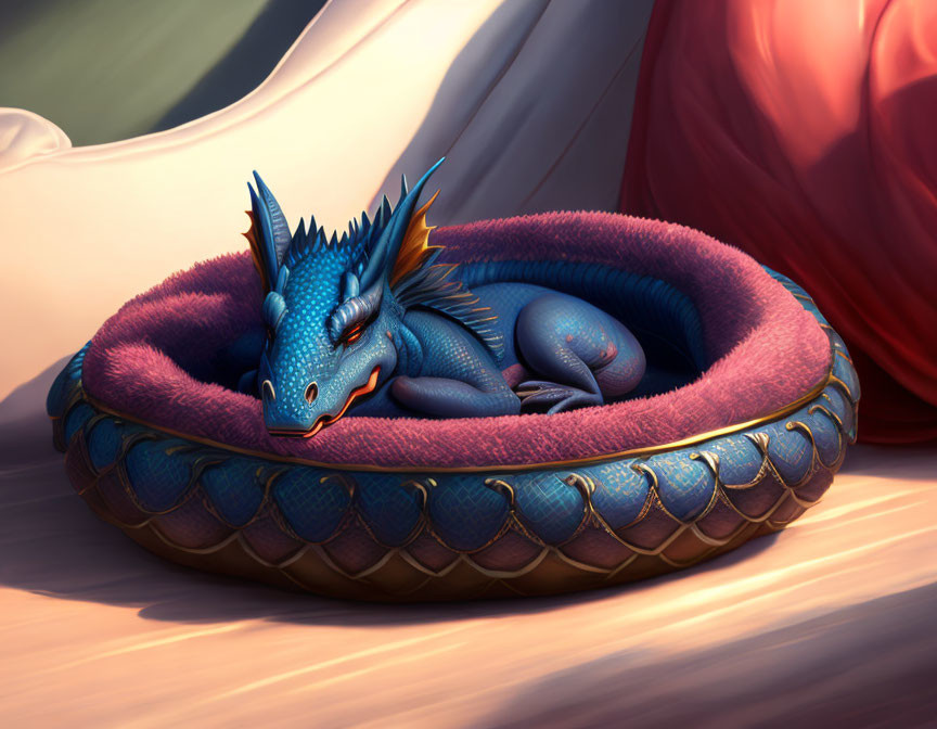 Blue Dragon Resting in Purple and Gold Pet Bed