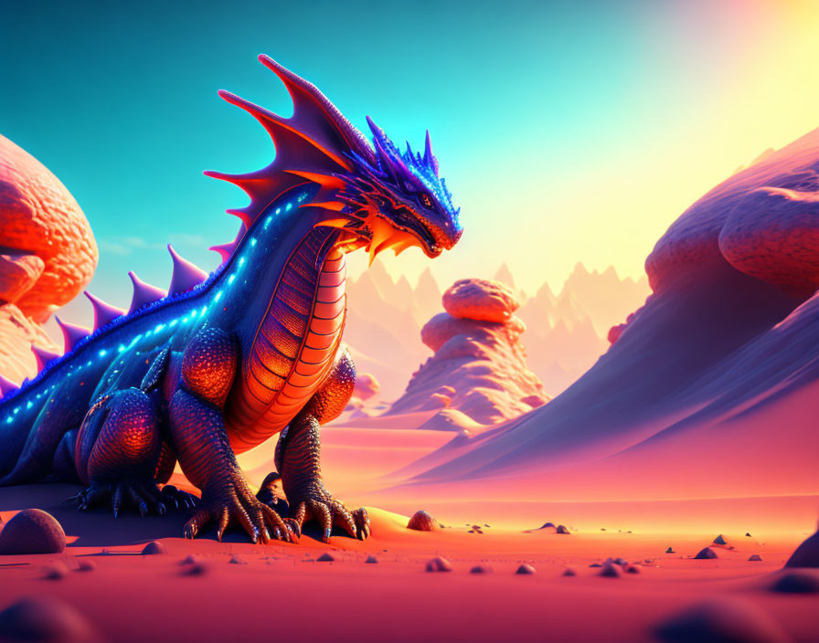 Blue dragon with orange spikes in desert with mushrooms and mountains at sunset