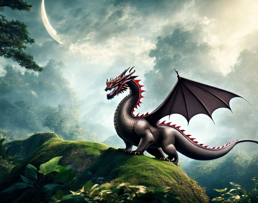 Black Dragon with Red Accents on Green Hill Under Crescent Moon