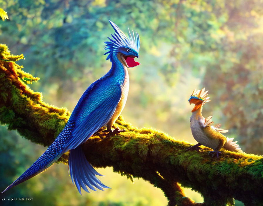 Vibrant mythical birds with striking feathers in lush forest scene