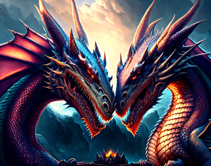 Detailed Blue and Red Dragons Facing Each Other on Rocky Cliffs