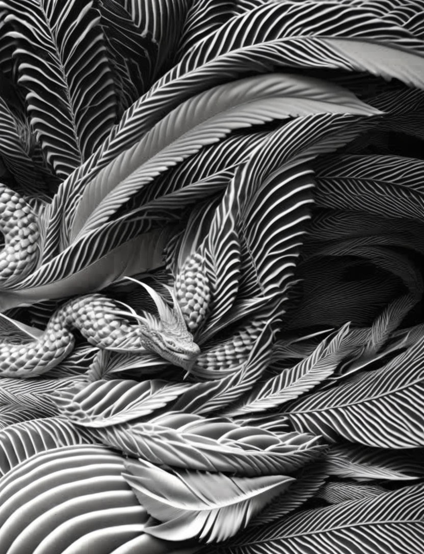 Monochrome image of intricate overlapping feather pattern