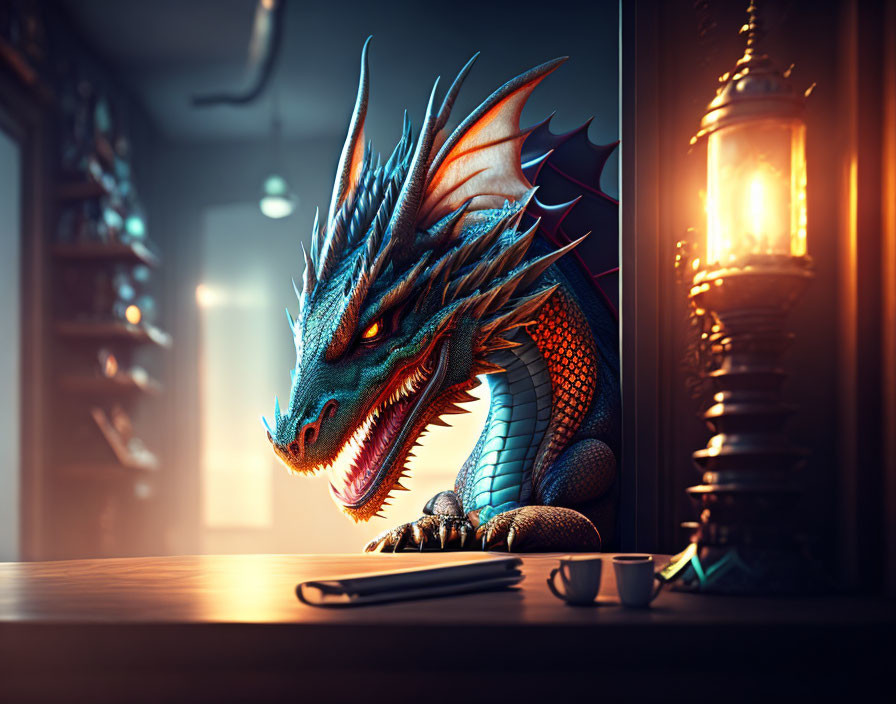 Blue Dragon with Sharp Horns Behind Office Desk Lit by Classic Lamp