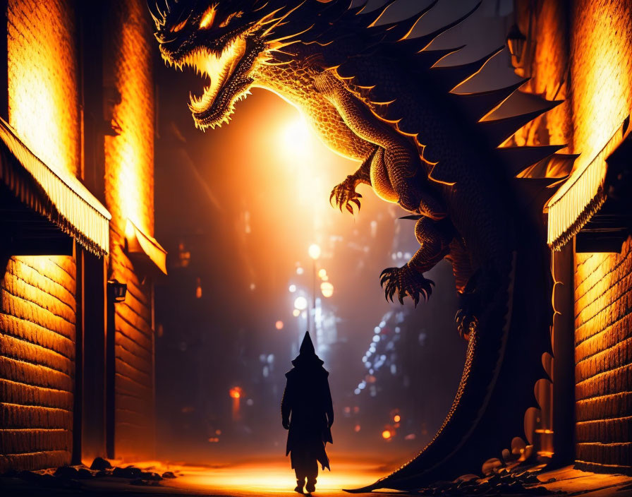 Silhouette facing dragon in narrow alley with glowing orb.