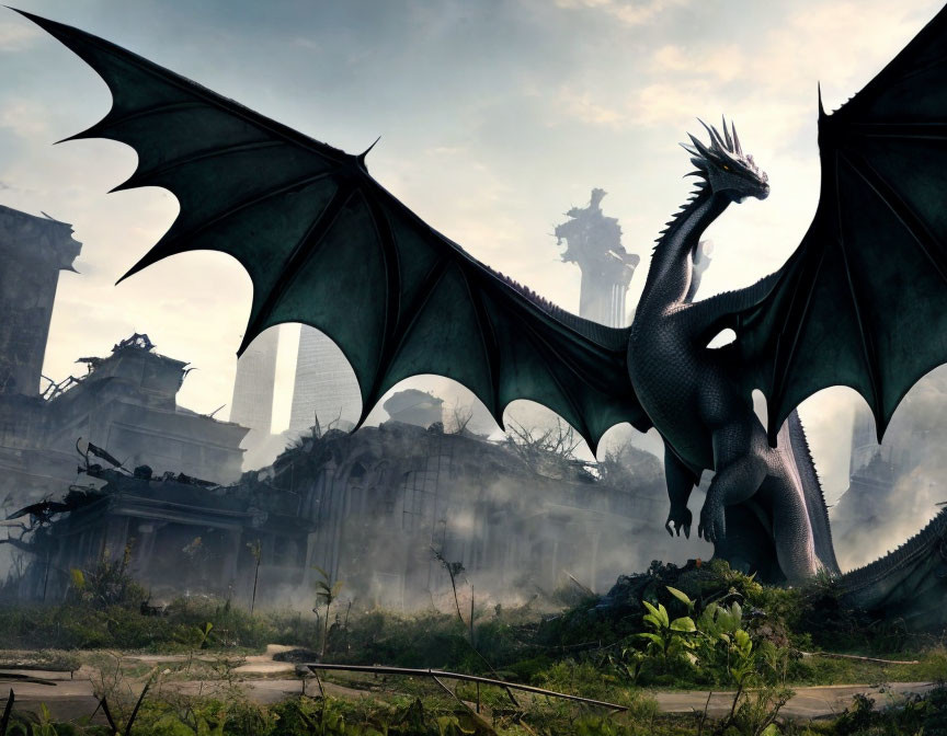 Black dragon in ruins of collapsed city with mist and remnants.