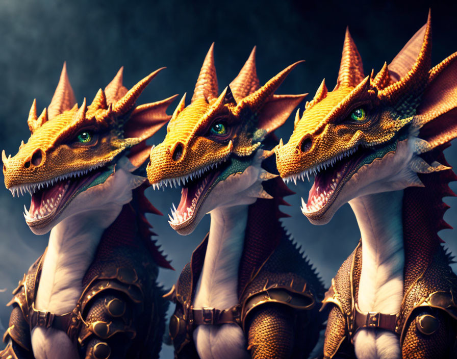 Three fierce animated dragons with horns and scaled skin on dark background