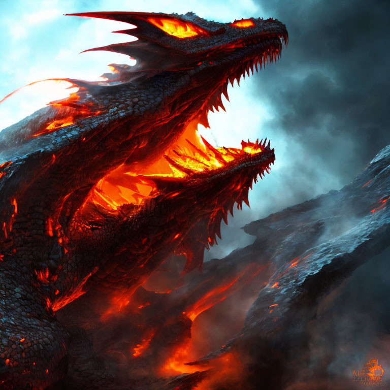 Fiery-red dragon roaring on rocky terrain with glowing eyes and scales