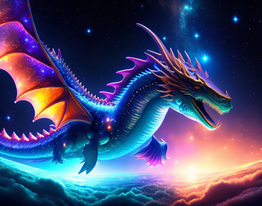 Majestic dragon flying in vibrant starlit sky at sunset or sunrise