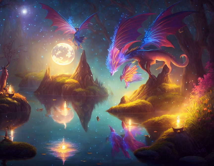 Vibrant dragons in mystical moonlit lake scene