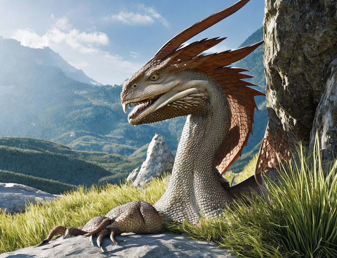 Detailed CGI Dragon with Orange Wings Resting on Rocky Terrain