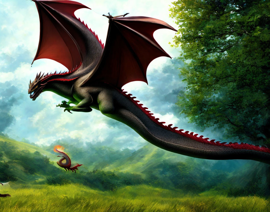 Black dragon with red wings and spikes flying over green meadow