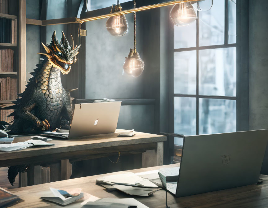 Dragon wearing headset works at office desk with laptops and industrial lighting