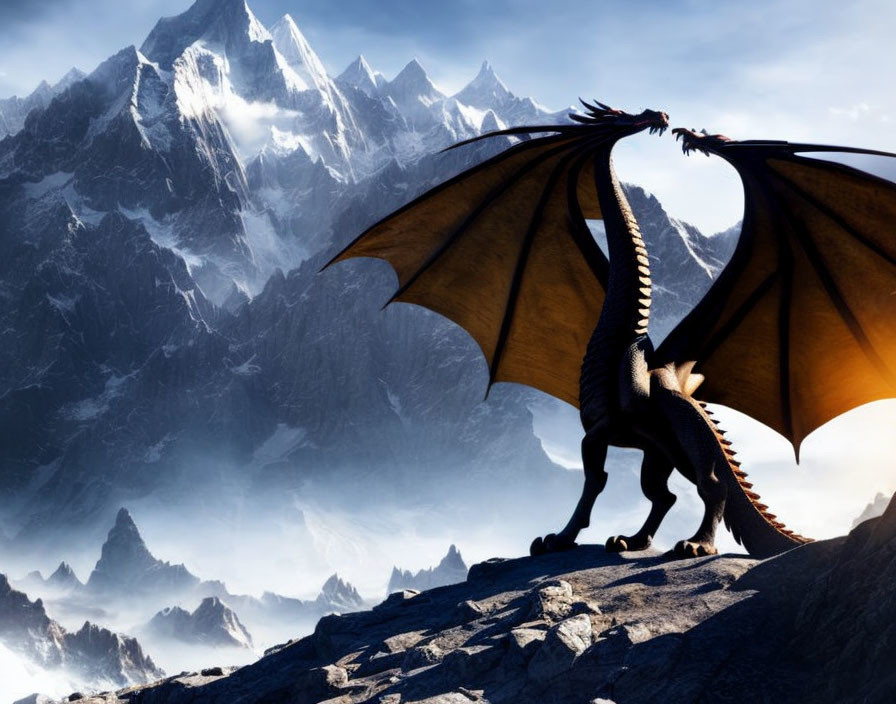 Majestic dragon on cliff with spread wings, snowy mountains, blue sky