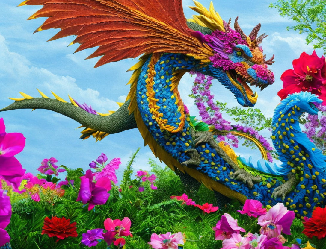 Colorful Fantasy Dragon Surrounded by Vibrant Flowers under Blue Sky