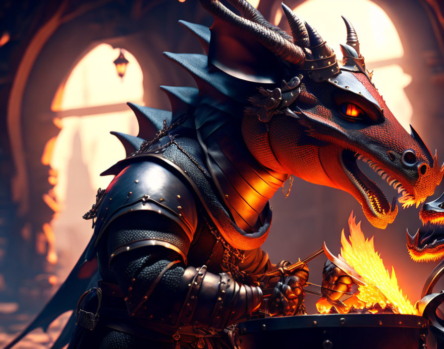 Armored dragon with horned helmet in fiery hall setting