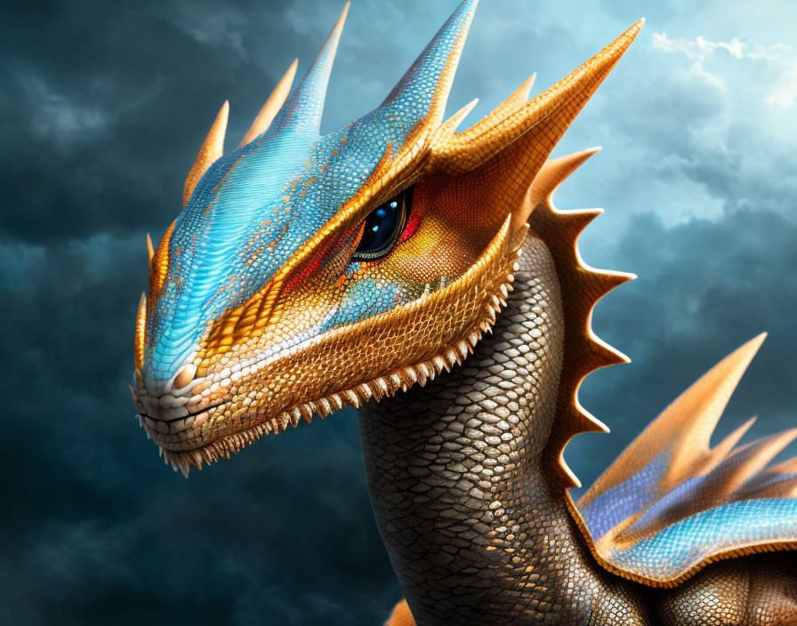 Detailed image of majestic blue and orange dragon with sharp spikes and piercing red eye in stormy sky