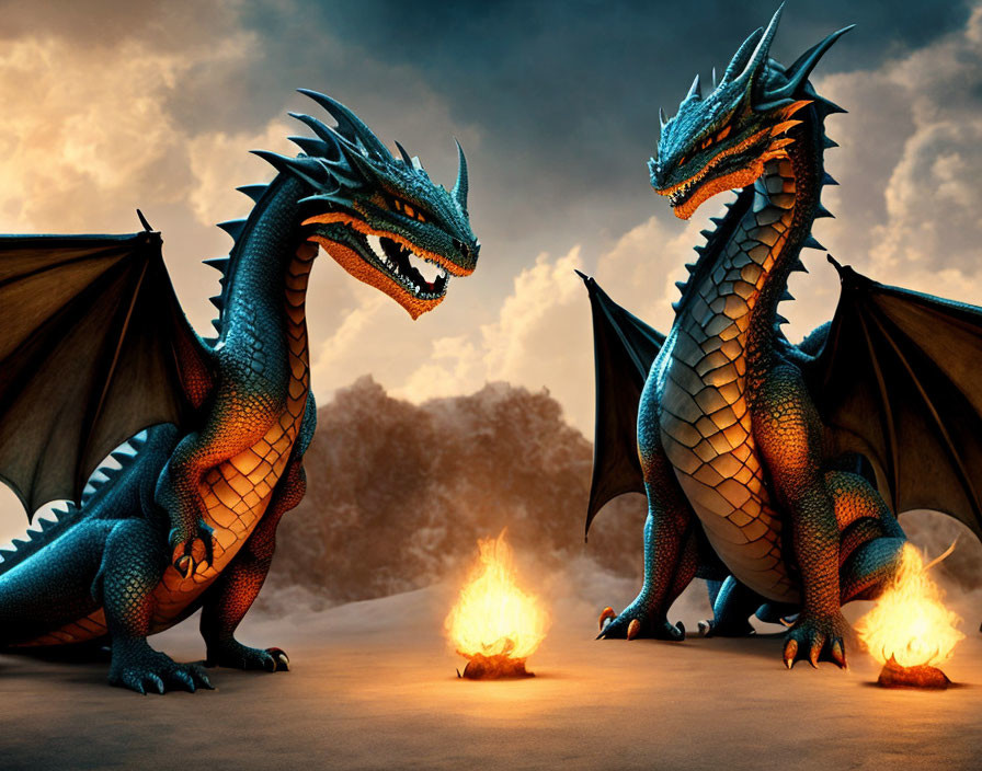 Two majestic blue dragons breathing flames under dramatic cloudy sky