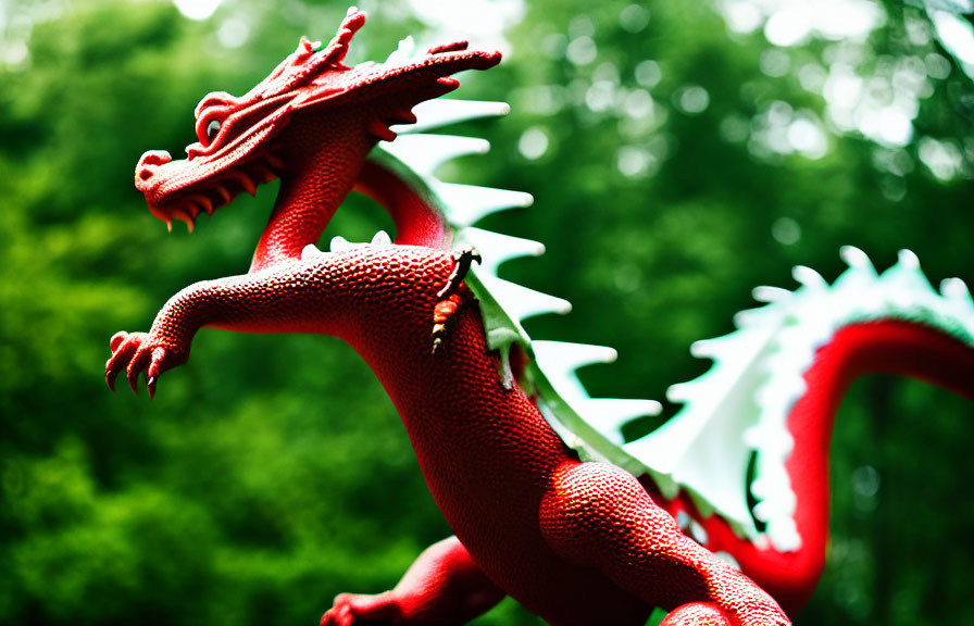 Intricate red dragon statue against green background