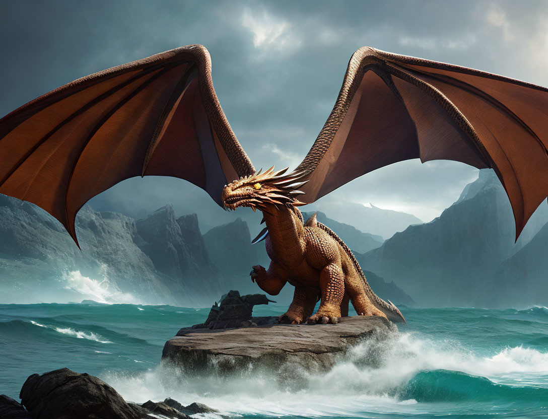 Majestic dragon with expansive wings on rock in stormy sea.