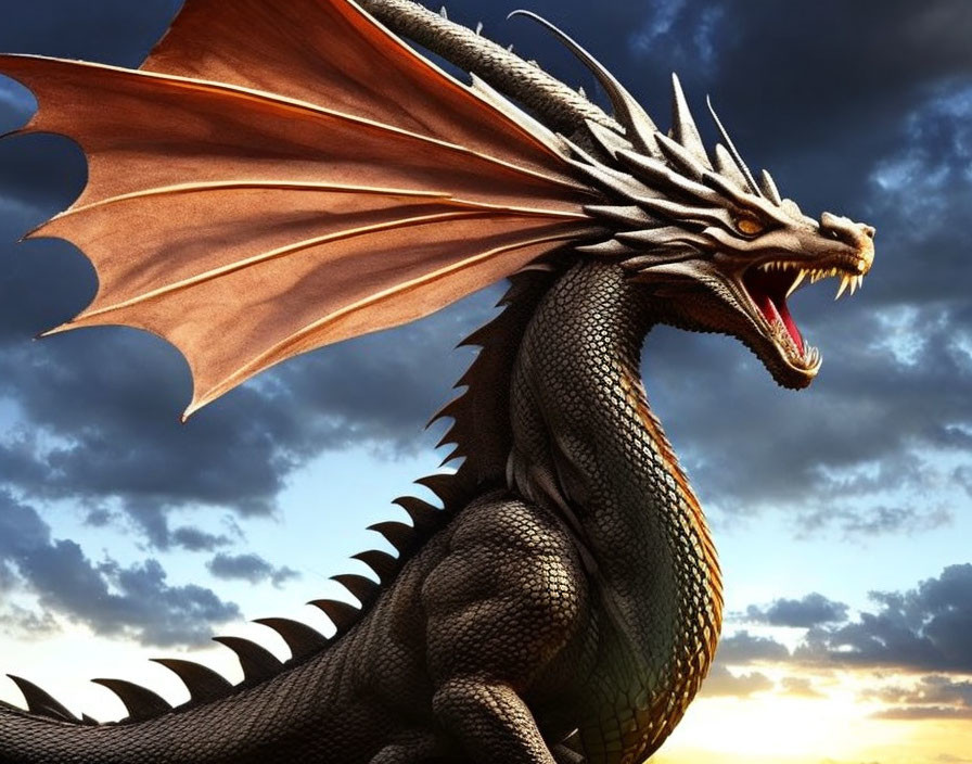 Majestic dragon with wings and scales in sunset sky.