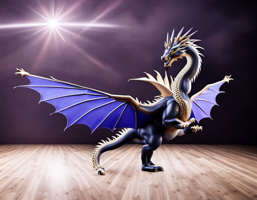 Majestic blue and gold dragon with spread wings on wooden floor against purple backdrop