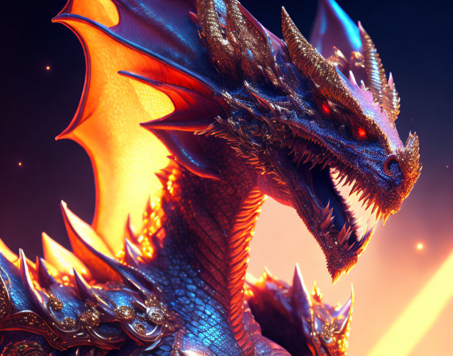 Detailed illustration of majestic dragon with blue scales and glowing orange eyes in fiery backdrop