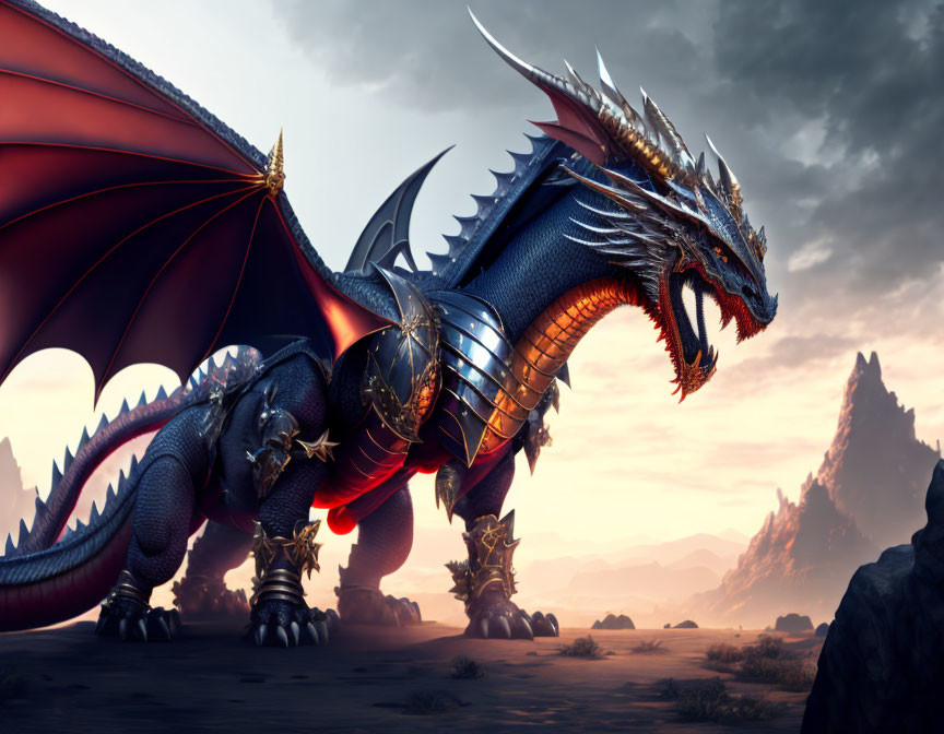 Majestic dragon with red eyes in dusky rocky landscape