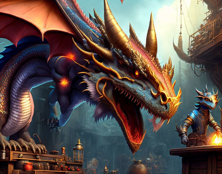 Vivid blue and orange dragons in steampunk setting