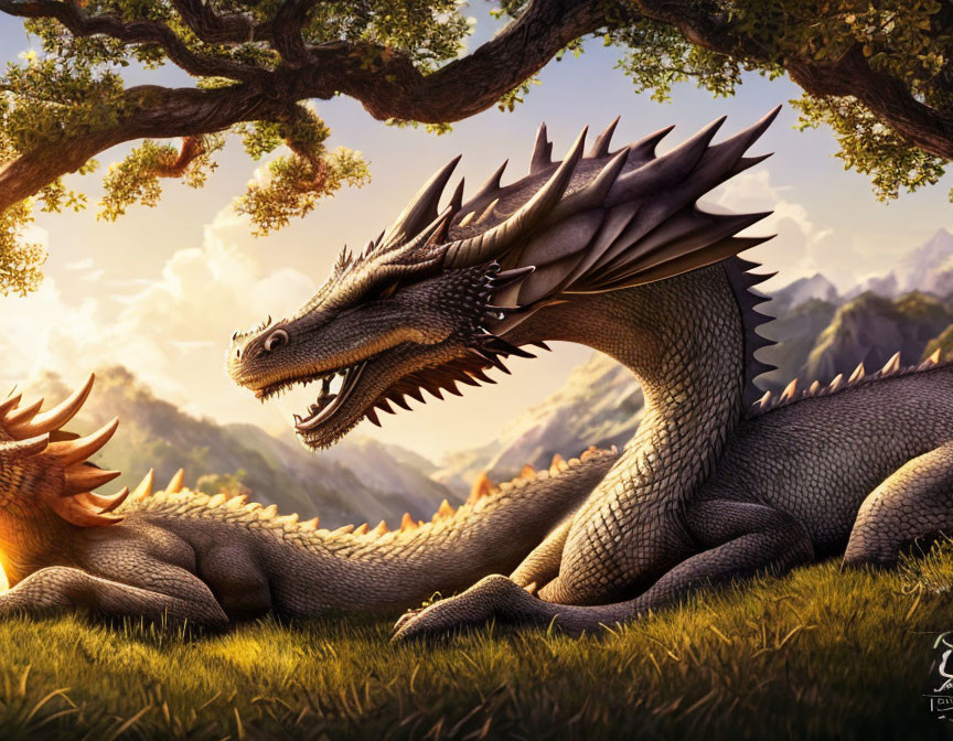 Majestic dragon with large horns and scales resting under a tree in serene landscape