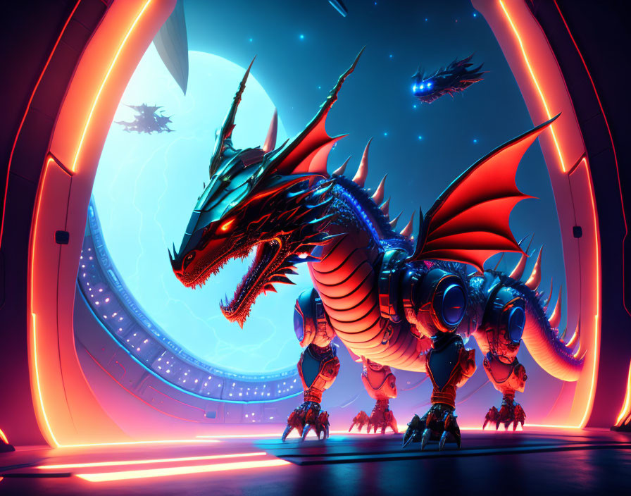 Futuristic cybernetic dragon in vibrant sci-fi scene with mechanical minions, spaceships, and