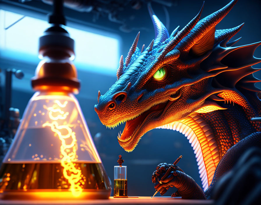 Blue dragon in laboratory with electric flask and vial