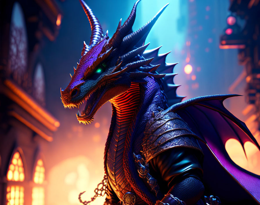 Armored dragon with blue scales in neon-lit fantasy cityscape at dusk