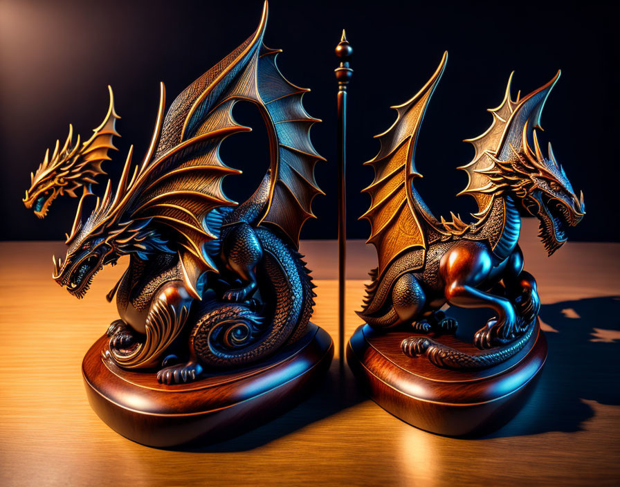 Metallic dragon sculptures on wooden bases in dramatic lighting