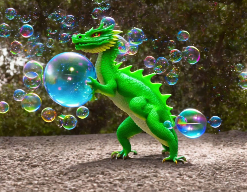 Green Dragon Toy Among Soap Bubbles on Gritty Surface