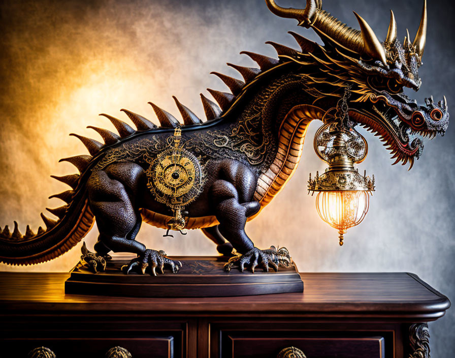 Dragon sculpture with clock and lantern on wooden surface in warm backdrop