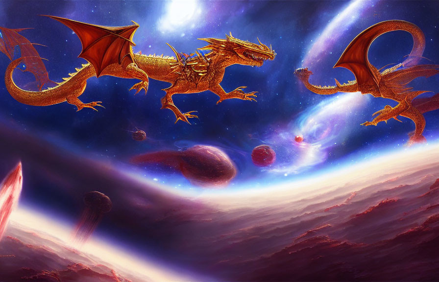 Majestic dragons in cosmic landscape with planets and stars