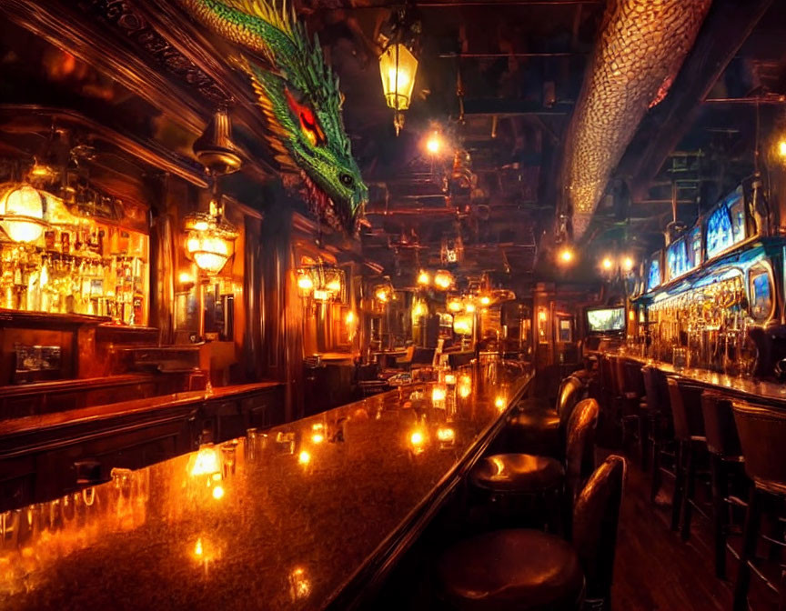 Traditional Bar with Wooden Counter, Stools, and Bottles Shelf