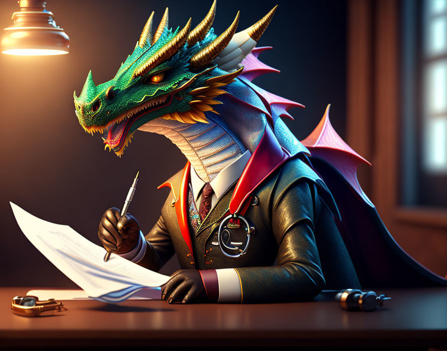 Dragon in Suit Reviews Papers at Desk with Stethoscope in Modern Setting