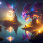 Vibrant dragons in mystical moonlit lake scene