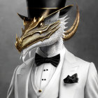 Dragon-headed figure in white suit, black bow tie, and top hat on grey background