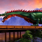 Colorful animated dragon on golden bridge with mountains and pink sky