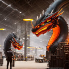 Person in warehouse confronted by two menacing dragons with glowing eyes and flames.