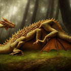 Golden dragon with shimmering scales in misty forest